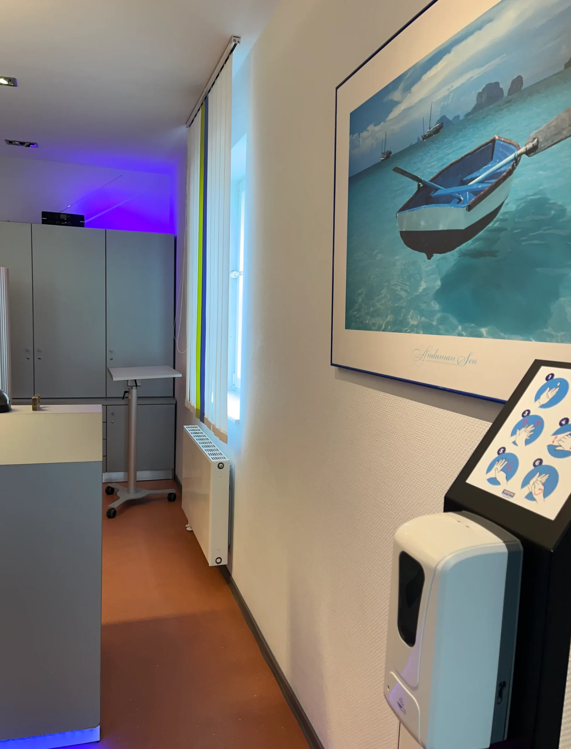 Flur der Zahnarztpraxis mit Bild an der Wand und Desinfektionsspender